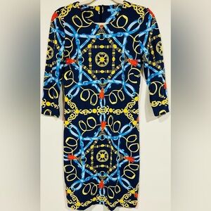 J. McLaughlin Blue and Gold Chain Print Dress, Sz M!